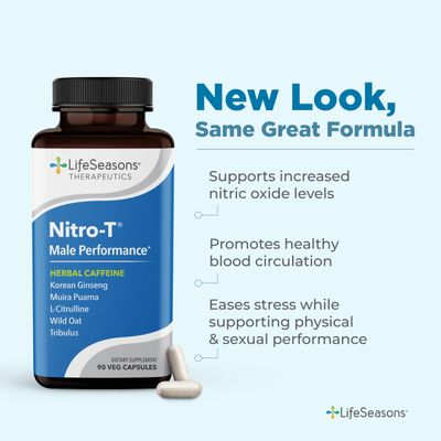 LifeSeasons - Nitro-T - Mens Performance Support Supplement - Enhance Stamina Energy - Promote Healthy Blood Circulation - L-Citrulline L-Theanine Tribulus Ginger Kava Caffeine - 90 Capsules