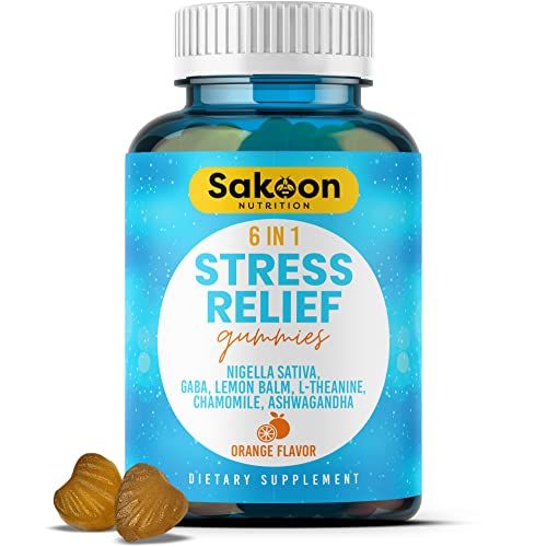 6-in-1 Stress Relief Gummies 60ct - Aids Relaxation with Ashwagandha, GABA, L-theanine, Lemon Balm, Chamomile, Black Cumin Seed Nigella Sativa. Improved Deep Sleep, Joint Support - 60 gummies