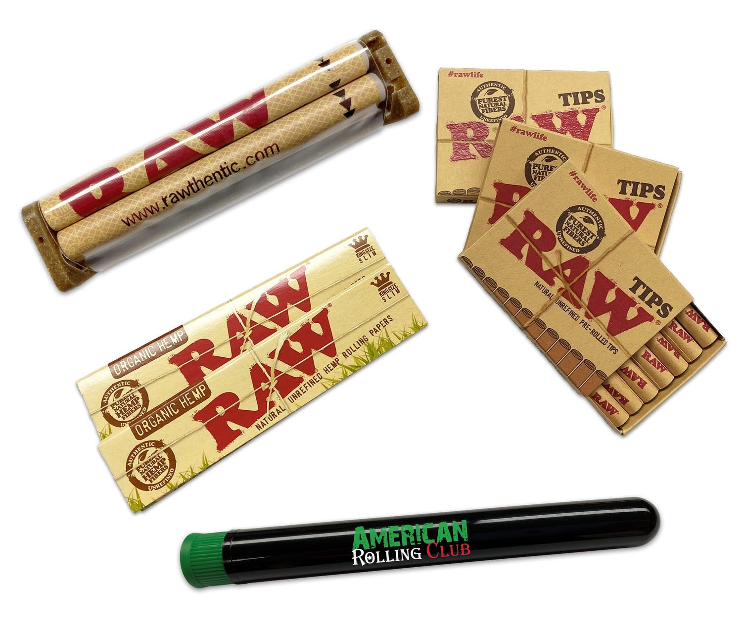 RAW Organic King Size Cigarette Papers Combo Includes: 2 Packs Of RAW Organic King Size Slim Papers, 3 Boxes RAW Pre Rolled Tips, RAW 110MM Cigarette Machine and ARC Cigarette Saver