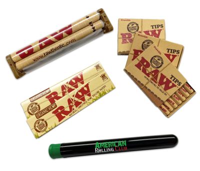 RAW Organic King Size Cigarette Papers Combo Includes: 2 Packs Of RAW Organic King Size Slim Papers, 3 Boxes RAW Pre Rolled Tips, RAW 110MM Cigarette Machine and ARC Cigarette Saver