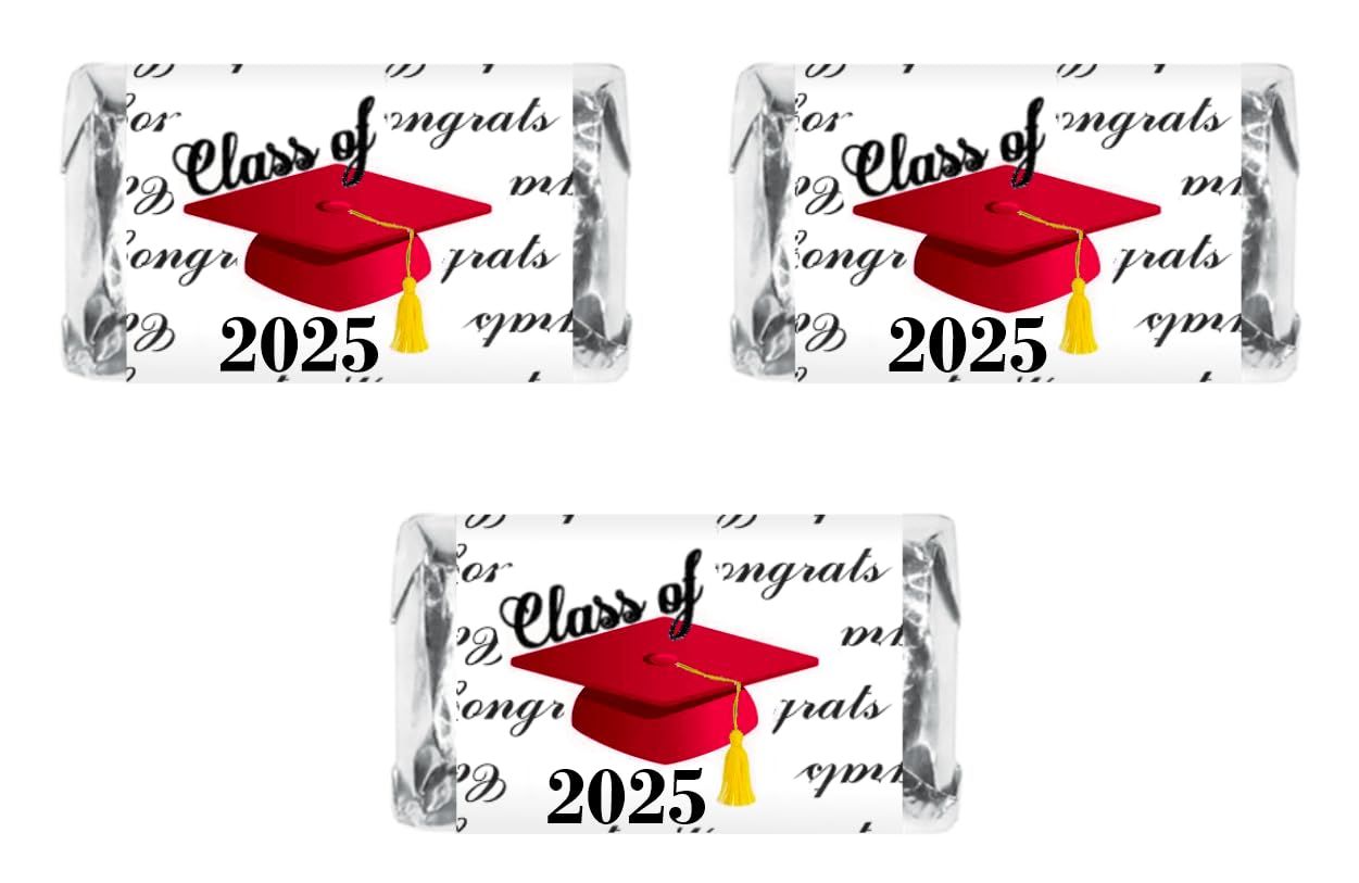 60 Graduation Cap Party Class of 2025 Miniatures Candy Bar Wrapper, Set of 60 Mini Candy Chocolate Bar Stickers, Labels, Candy Not Included, Color Red. Made in USA