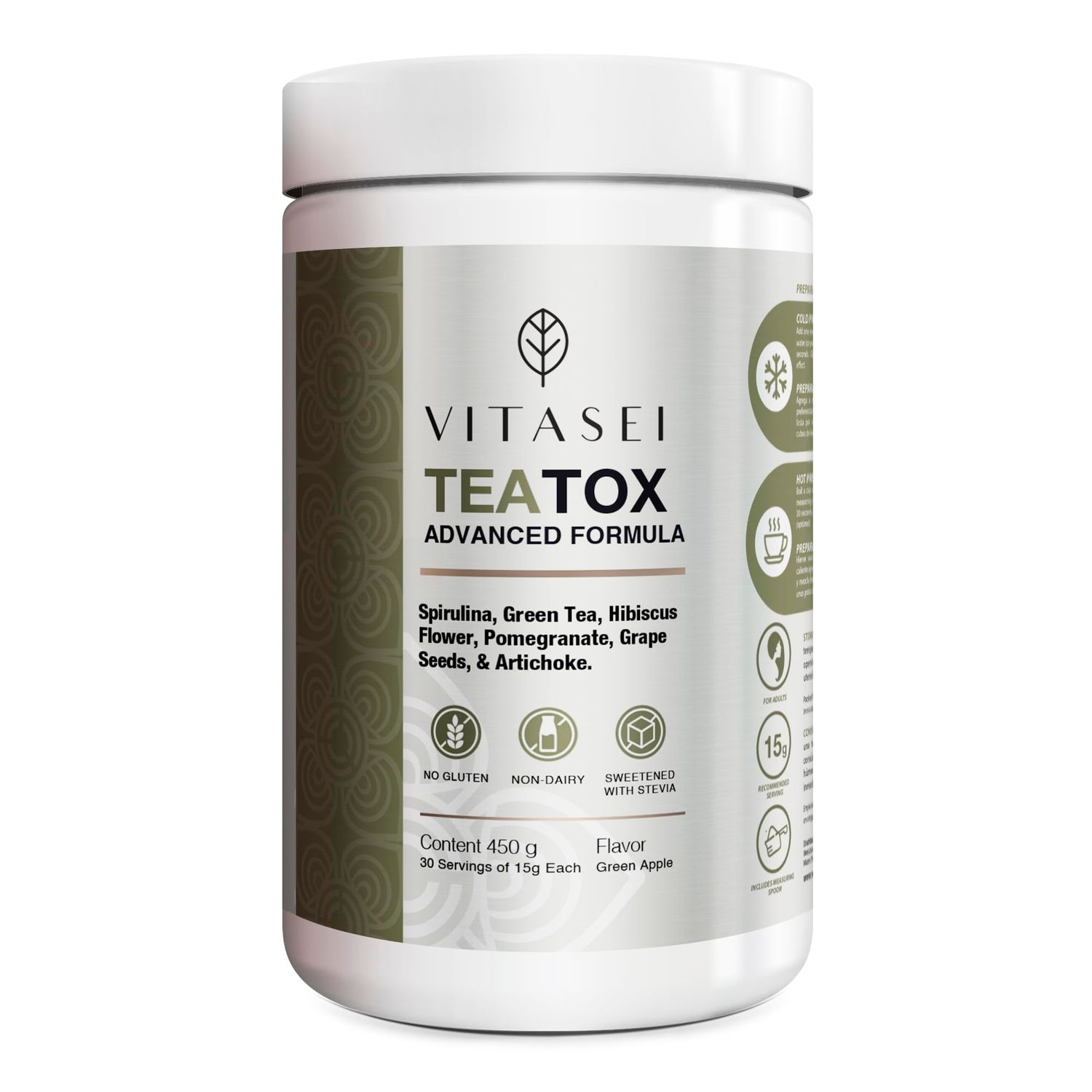 Vitasei Teatox Detox Cleanse Support Powder, Digestion Booster WGreen Tea, Spirulina, Artichoke, Jamaican Flower Grape Seeds, Support Supplement Meal Replacement Powder, Green Apple Flavor 16oz