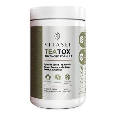Vitasei Teatox Detox Cleanse Support Powder, Digestion Booster WGreen Tea, Spirulina, Artichoke, Jamaican Flower Grape Seeds, Support Supplement Meal Replacement Powder, Green Apple Flavor 16oz