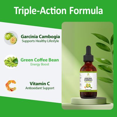 3-in-1 Garcinia Cambogia Liquid Drops - Natrual Extract with Green Coffee Bean Vitamin C - Support Health and Wellness - Stronger Than Pills Capsules - Natural Raspberry Flavor - 2 fl oz 60 ml