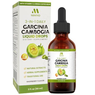 3-in-1 Garcinia Cambogia Liquid Drops - Natrual Extract with Green Coffee Bean Vitamin C - Support Health and Wellness - Stronger Than Pills Capsules - Natural Raspberry Flavor - 2 fl oz 60 ml