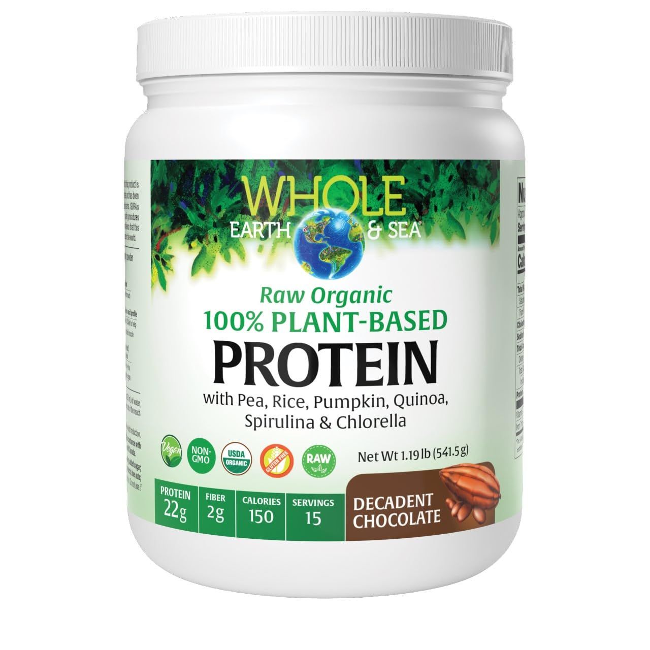 Natural Factors Whole Earth Sea Raw Organic 100 Plant-Based Protein, 541g, Chocolate