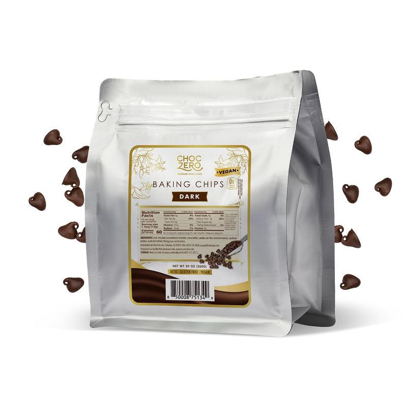 ChocZero Dark Chocolate Chips - Sugar Free, Low Carb, Keto Friendly, Gluten Free - 20 Ounce Bulk Bag for Baking Keto Diet Cookies and Dessert