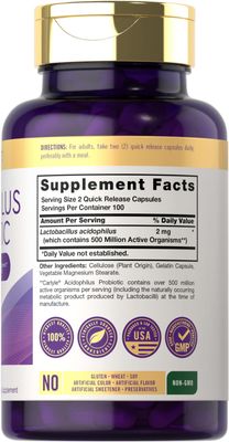 Carlyle Acidophilus Probiotic Capsules for Women and Men 500 Million CFU 200 Pills Lactobacillus Supplement Non-GMO and Gluten Free