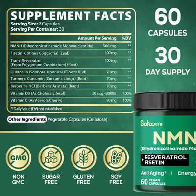Satoomi 8in1 NMNH - NMN Supplement Alternative - NAD Supplement to Support NAD Levels Added Fisetin, Resveratrol, Quercetin, Turmeric, Berberine, Vitamin D3 C - 60 Count for 30 Days
