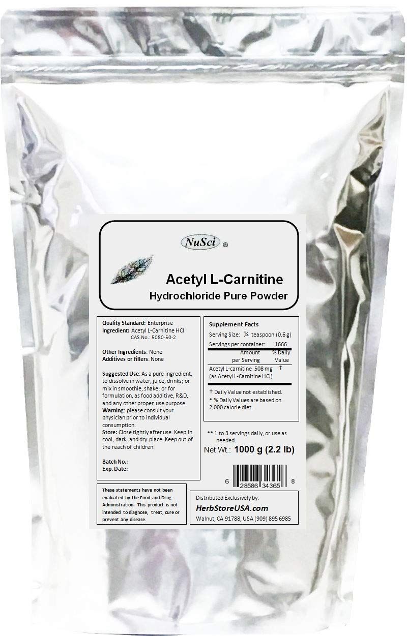 NuSci ALC Acetyl L-Carnitine HCl Powder 1000g 1.0Kg, 2.2 LB Pure Form