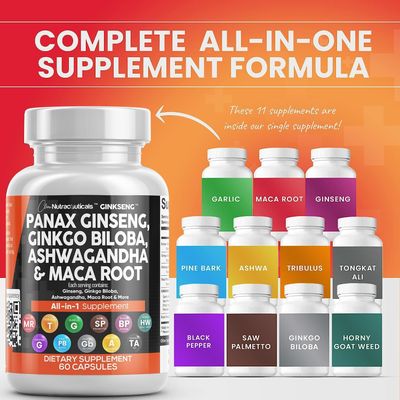 Clean Nutraceuticals Panax Ginseng Ginkgo Biloba Ashwagandha Maca Root - Focus Supplement Pills for Women and Men with Pine Bark Extract, Garlic, and Saw Palmetto - 60 Caps