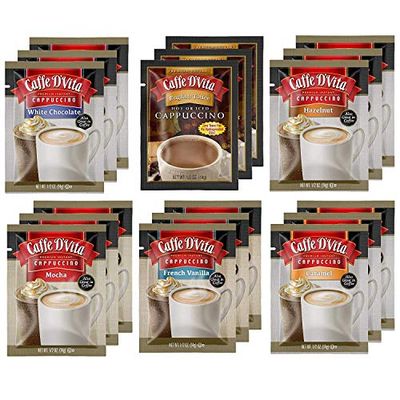 Caffe DVita Cappuccino Assortment White Chocolate, English Toffee, Hazelnut, Mocha, French Vanilla, Caramel - Instant Cappuccino Mix, Gluten Free - 0.5 oz each, 18 Packets, 6 of Each Flavor