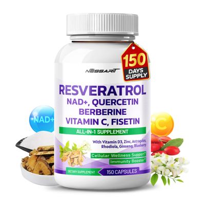 RESVERATROL Supplement - 18-in-1 Natural Blend with NAD Milk Thistle Astragalus Rhodiola Gotu Kola Elderberry Blueberry - 150 Count - Made Tested in The USA