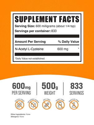 BulkSupplements.com NAC Powder - N-Acetyl Cysteine 600mg, NAC Supplement - Antioxidant Support, Gluten Free - 600mg per Serving, 833 Servings, 500g 1.1 lbs Pack of 1