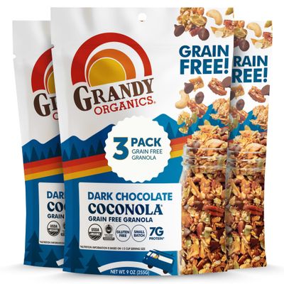 Grandy Organics Dark Chocolate Coconola Granola, Certified Organic Gluten Free Granola, Grain Free, Chocolate Flavored Coconola, Kosher Certified, Paleo Friendly, 9oz Each, Pack of 3