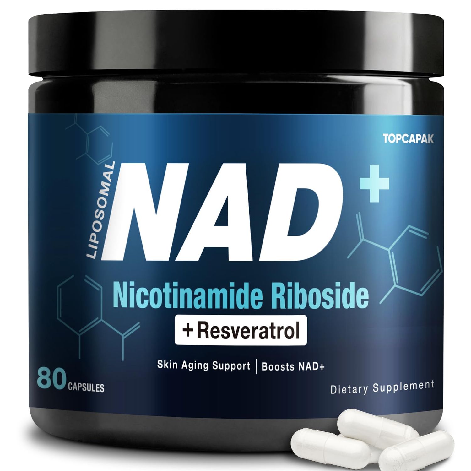 NAD Supplement - Nicotinamide Riboside NR and Resveratrol, Liposomal NAD of Pure Organic Ingredients for Women Men Healthy Aging, Brain and Cellular Energy, 80 Capsules