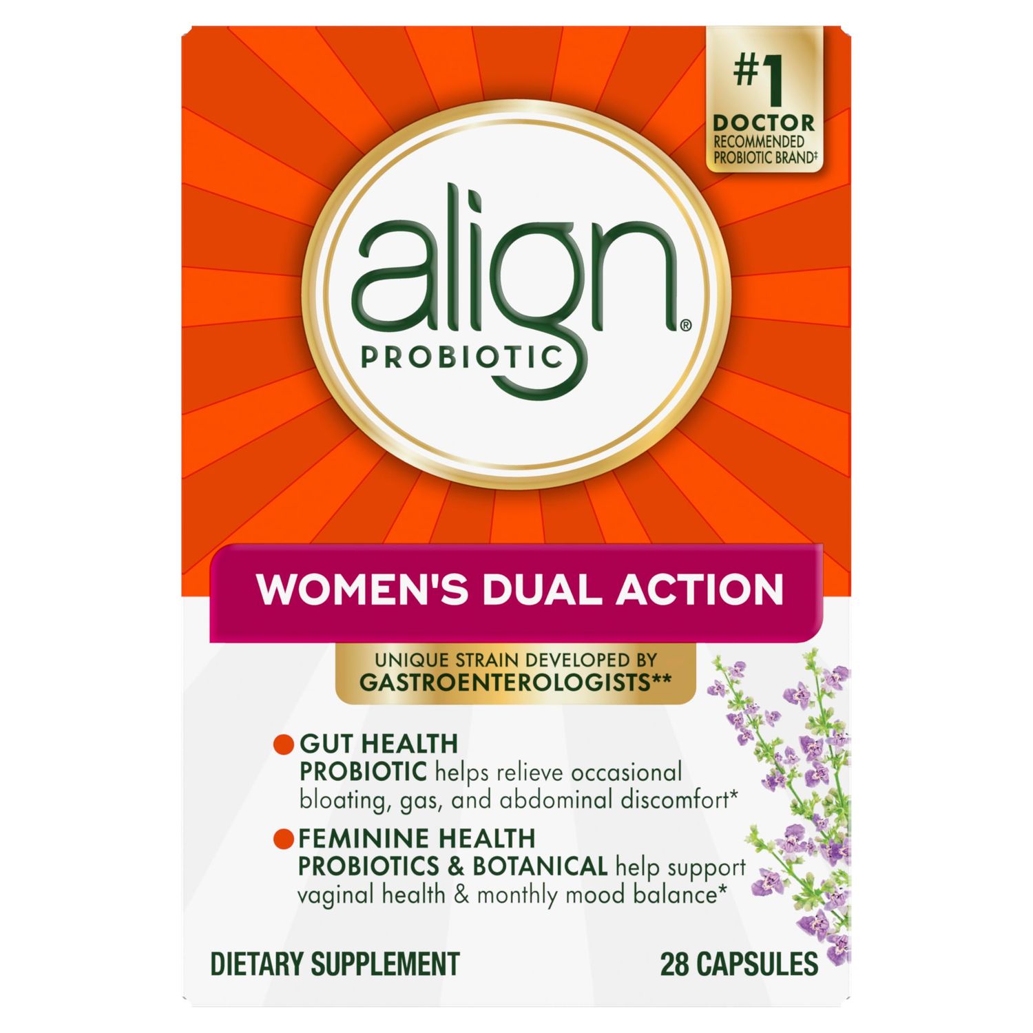 Align Probiotic, Womens Dual Action, Probiotics for Women, Multi-Strain Probiotic with Chaste Tree, Supports Feminine Health, Soothes Occasional Abdominal Discomfort, 28 Capsules Packaging May Vary