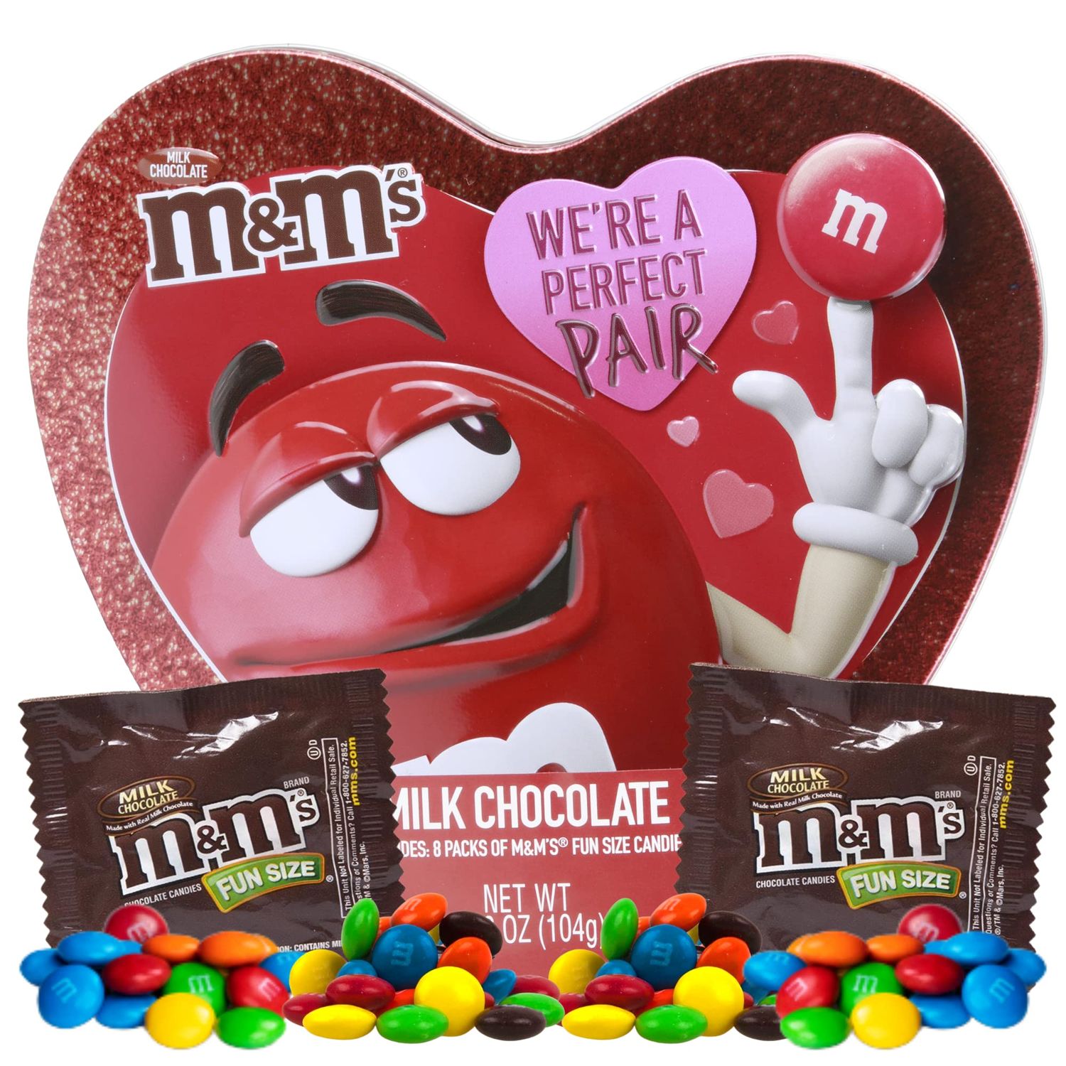 Valentines Candy Tin Heart Shaped Box, Milk Chocolate Bite Size Candies, Gift Basket Fillers For Loved Ones, 8 Individual Fun-Sized Bags Inside, 1 Pack, 3.66 Ounces, Style and Color May Vary