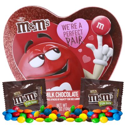 Valentines Candy Tin Heart Shaped Box, Milk Chocolate Bite Size Candies, Gift Basket Fillers For Loved Ones, 8 Individual Fun-Sized Bags Inside, 1 Pack, 3.66 Ounces, Style and Color May Vary
