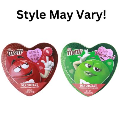 Valentines Candy Tin Heart Shaped Box, Milk Chocolate Bite Size Candies, Gift Basket Fillers For Loved Ones, 8 Individual Fun-Sized Bags Inside, 1 Pack, 3.66 Ounces, Style and Color May Vary
