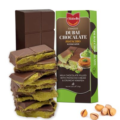 Chobella Dubai Chocolate Bar Pistachio, 2.5 oz 70g Mini Treat, Viral Pistachio Dubai Chocolate Bar with Shredded Phyllo Dough, Knafeh Chocolate Candy, Gift Box