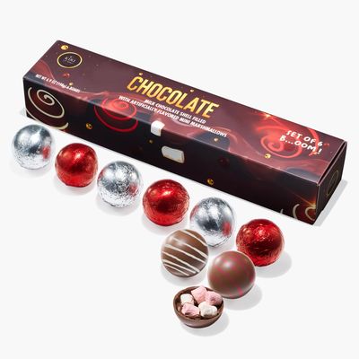 Hot Chocolate Bom Marshmallow Balls - Set of 6-2 Flavors White Red Swirl Design Caramel Fudge Brownie Candy Chocolates - Delicious Cocoa Melts Filled Marshmallows - Gift Melting Delicious Gifts