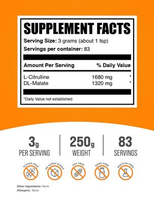 BulkSupplements.com L-Citrulline Malate 1:1 Powder - Citrulline Powder, Amino Acid Supplement - Unflavored Gluten Free - 3g per Servings, 250g 8.8 oz Pack of 1