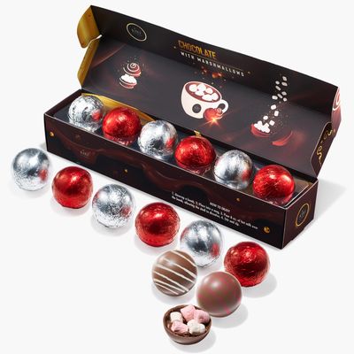 Hot Chocolate Bom Marshmallow Balls - Set of 6-2 Flavors White Red Swirl Design Caramel Fudge Brownie Candy Chocolates - Delicious Cocoa Melts Filled Marshmallows - Gift Melting Delicious Gifts