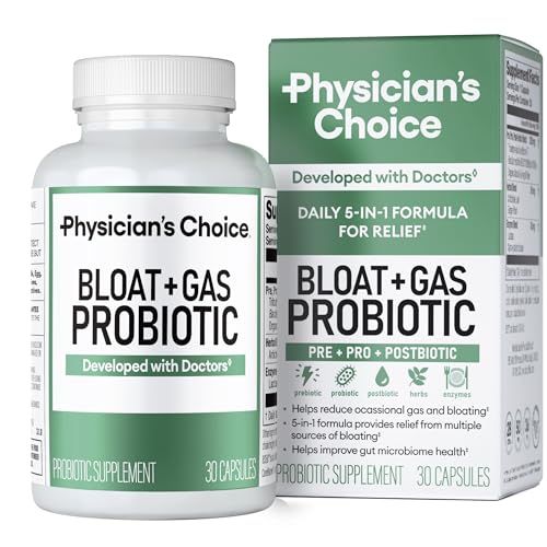 Physicians CHOICE Bloat Gas Probiotic 5-in-1 Proactive Support Daily Relief - Digestion Gut Health- Herbals, Digestive Enzymes, Post Prebiotics - Gas Relief for Adults - Women Men - 30ct