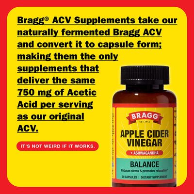 BRAGG Daily Balance Apple Cider Vinegar and Sensoril Ashwagandha Capsules - 750mg of Acetic Acid - Energy Weight Management Support - 90 Pills