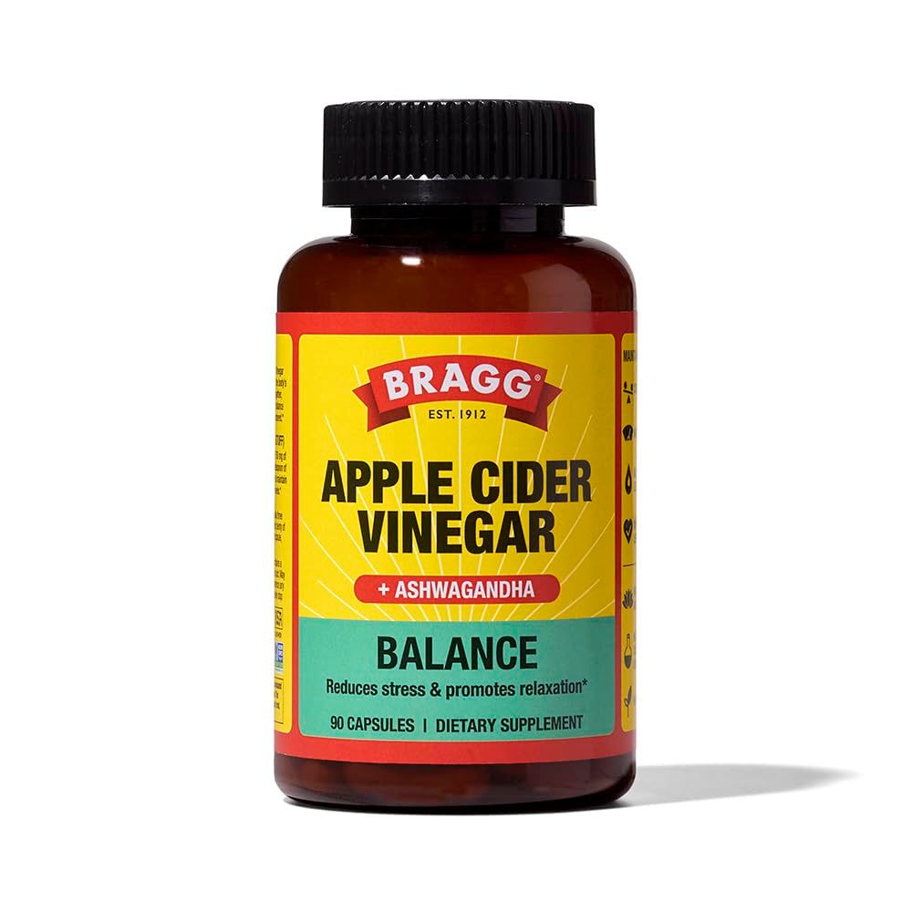 BRAGG Daily Balance Apple Cider Vinegar and Sensoril Ashwagandha Capsules - 750mg of Acetic Acid - Energy Weight Management Support - 90 Pills