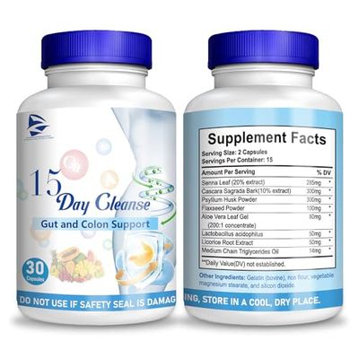 15 Day Cleanse -15 Day Gut Cleanse-Pastillas de 15 Dias para Limpiar El Colon, Advanced Formula with Senna, Cascara Sagrada Psyllium Husk 1 PC