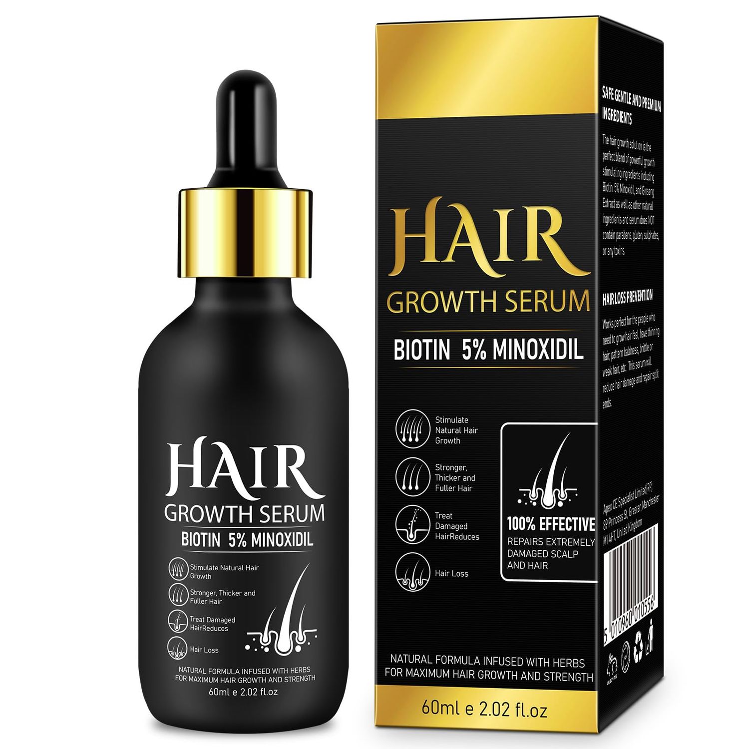 5 Minoxidil for Men Women - Hair Growth Serum, Biotin - Natural Hair Beard Regrowth Treatment - Stronger, Thicker, Fuller Hair - Damaged Scalp Hair Treatment - 2.02 Fl.Oz