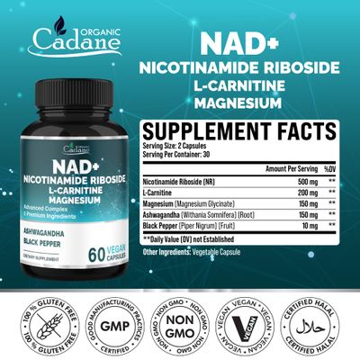 Organic Cadane Nicotinamide Riboside Supplement with L-Carnitine, Magnesium Glycinate, Ashwagandha, Black Pepper Cellular Health Wellness Support Vegan, Non-GMO - 60 Capsules - 30-Day Supply