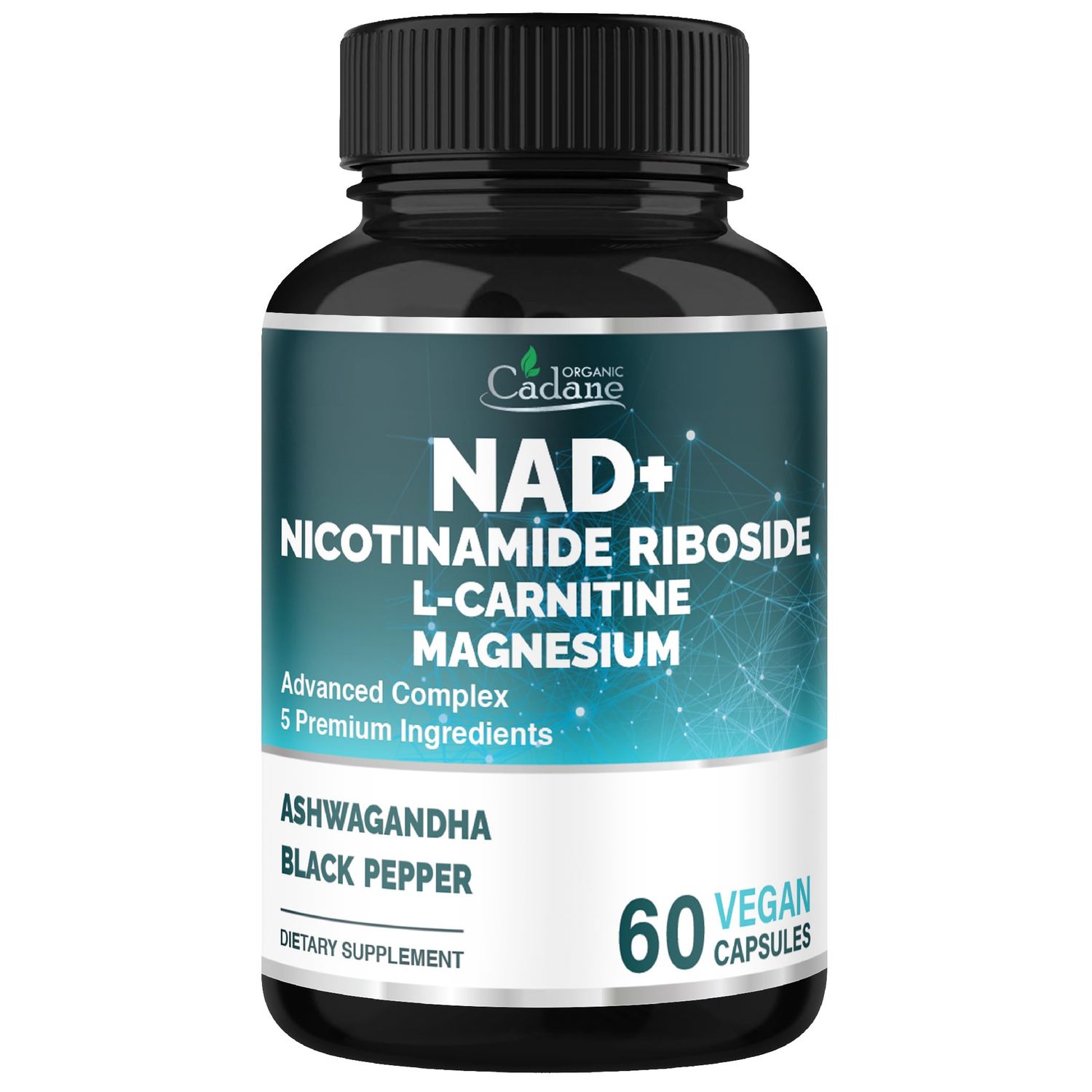 Organic Cadane Nicotinamide Riboside Supplement with L-Carnitine, Magnesium Glycinate, Ashwagandha, Black Pepper Cellular Health Wellness Support Vegan, Non-GMO - 60 Capsules - 30-Day Supply