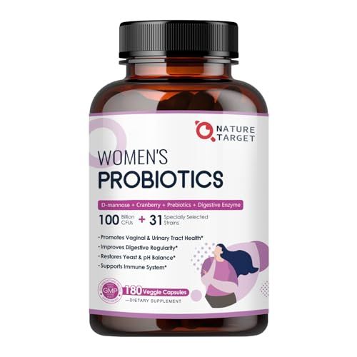 NATURE TARGET Probiotics for Women, 100 Billion CFUs Probiotic with Digestive Enzymes Prebiotics, Vaginal Probiotics with Cranberry for Urinary Tract Health, pH Balance, 180 Veggie Capsules