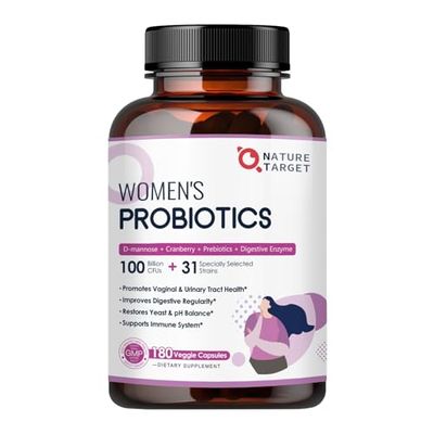 NATURE TARGET Probiotics for Women, 100 Billion CFUs Probiotic with Digestive Enzymes Prebiotics, Vaginal Probiotics with Cranberry for Urinary Tract Health, pH Balance, 180 Veggie Capsules