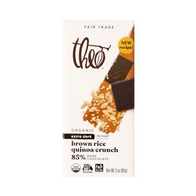 Theo Chocolate Brown Rice Quinoa Crunch Organic Dark Chocolate Bar, 85 Cacao, 6 Pack Vegan, Fair Trade