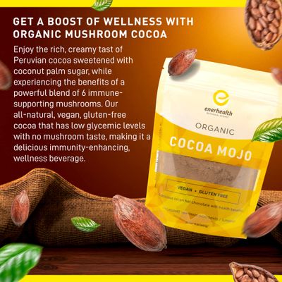 Enerhealth Botanicals Cocoa Mojo - Certified Organic Hot Chocolate Peruvian Cocoa Mix, Sweetened with Low Glycemic Coconut Palm Sugar and Infused with 6 Mushroom Extracts to Boost Immunity - 12 oz