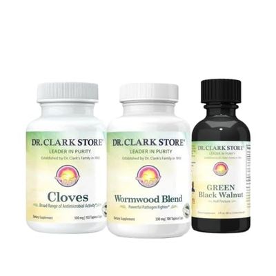 Dr. Clark Store Intestine Support Cleanse Kit - with Original Green Tincture from Black Walnut Hulls, Wormwood, and Cloves-Helps Maintain Optimum Intestinal Function - Vegetarian Capsules