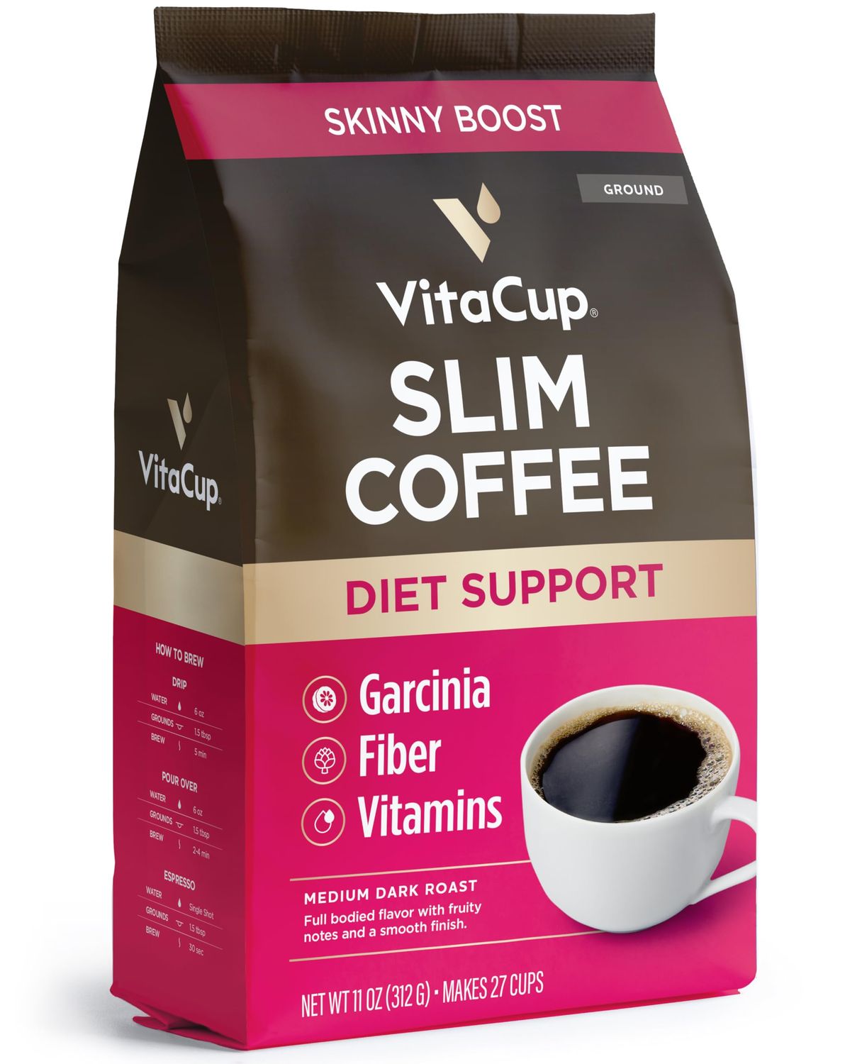VitaCup Slim Ground Coffee, Diet Support with Ginseng, Garcinia, B Vitamins, Medium Dark Roast, Bold and Smooth,100 Arabica Specialty Coffee Grounds, 11oz