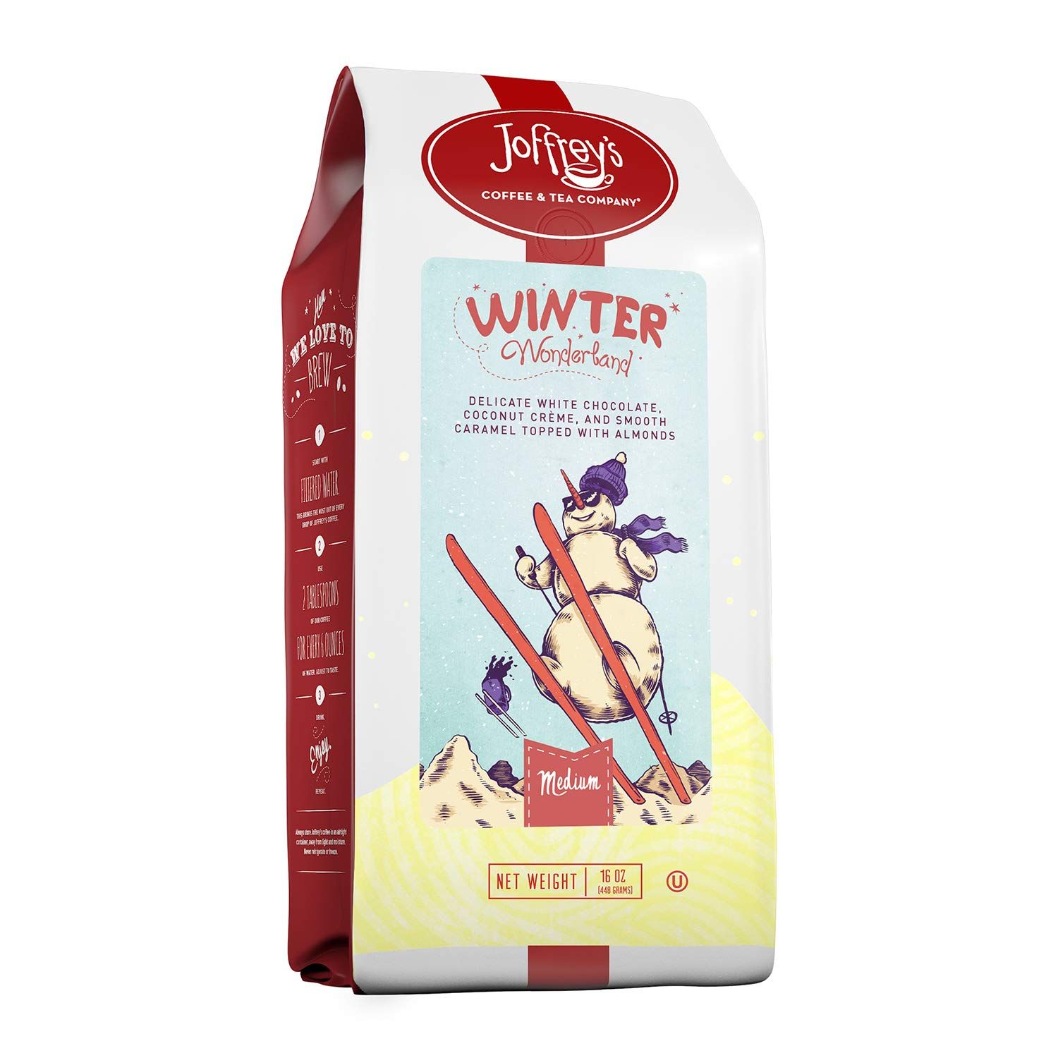 Joffreys Coffee - Winter Wonderland Flavored Artisan Medium Roast Arabica Coffee Beans, White Chocolate, Coconut, Caramel Almond Ground, 16 oz Gluten-Free, No Sugar