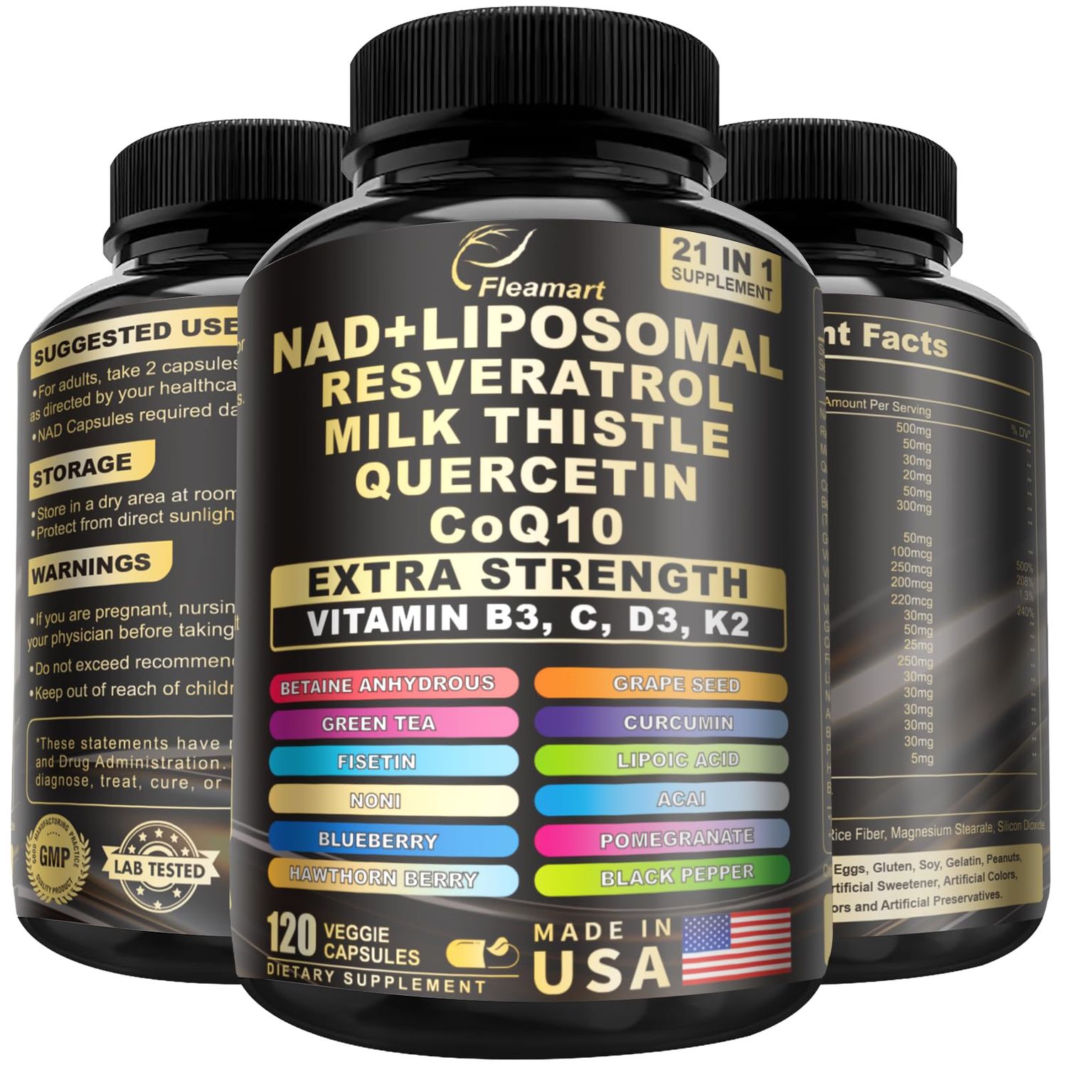 NAD Supplement for Women Men Liposomal NAD Supplement Pure with Resveratrol 50mg Milk Thistle 30mg Quercetin 20mg CoQ10 50mg Made in USA, 120 Capsules