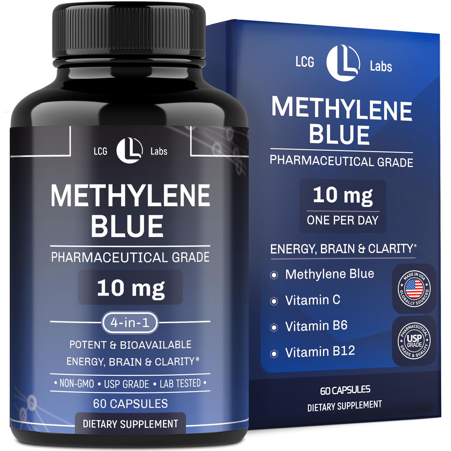 Methylene Blue Pharmaceutical Grade 10 mg - Methylene Blue Capsules - Vitamin C, B6 B12 - Energy, Brain Focus - Laboratory Tested, Non-GMO Vegan - Made in USA - 60 Capsules, 2 Month Supply
