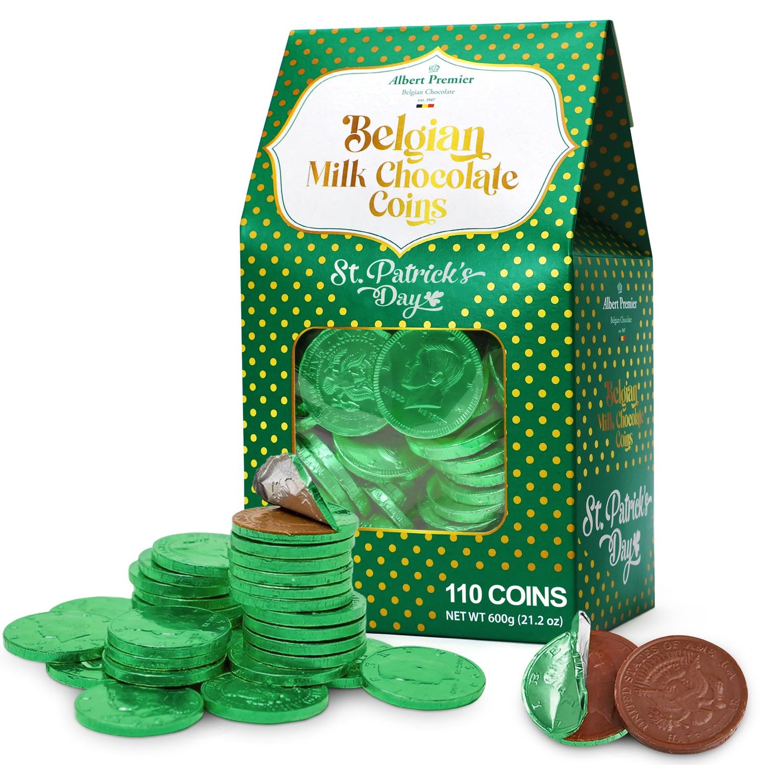 Albert Premier Belgian Chocolate Coins Bulk Pack - Approx. 110 Green Foil Wrapped Milk Chocolate Coins Candy For Party Favors, Gift Bags Treats