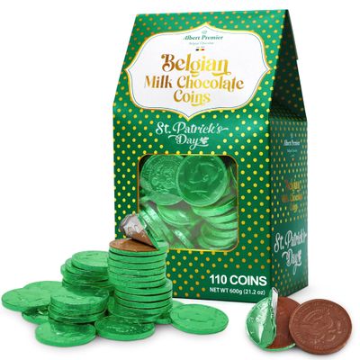 Albert Premier Belgian Chocolate Coins Bulk Pack - Approx. 110 Green Foil Wrapped Milk Chocolate Coins Candy For Party Favors, Gift Bags Treats