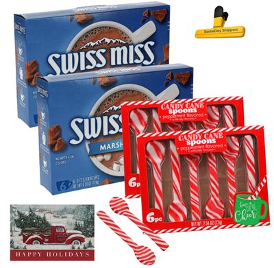 HOT COCOA MIX SWISS MISS MARSHMALLOW Swiss Miss Hot Cocoa Mix with Marshmallow 12 Envelops 12 Peppermint Candy Cane Spoons Plus Free HAPPY HOLIDAY CARD Card Tag.