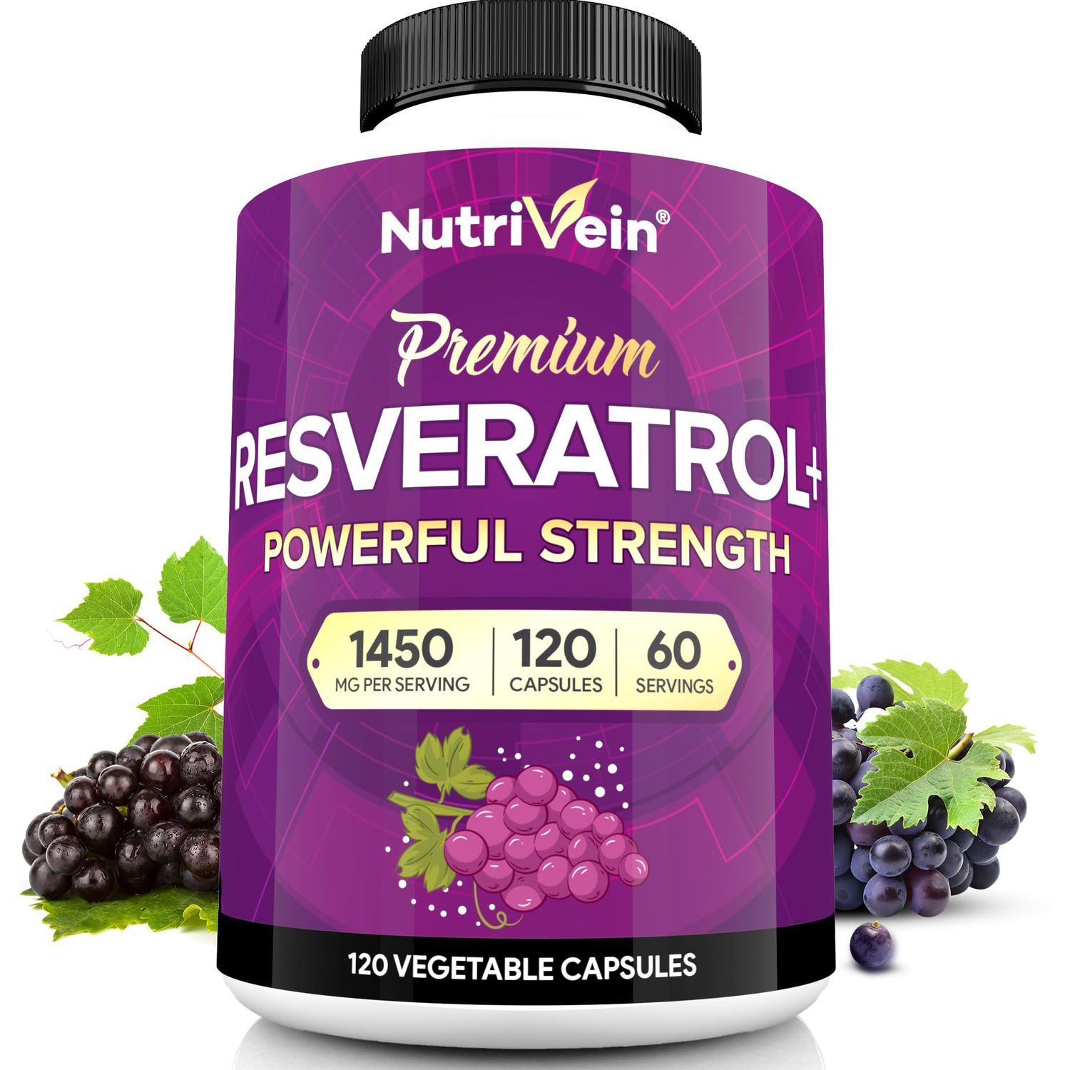 Nutrivein Premium Resveratrol 1450mg - 120 Caps: Pure Resveratrol Supplement Enhanced with Green Tea Leaf Acai Berry - Aging, Defenses, Brain, and Joint Support