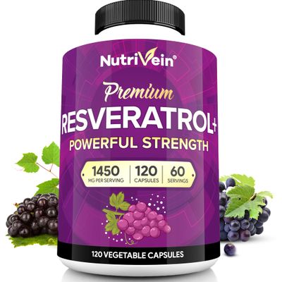 Nutrivein Premium Resveratrol 1450mg - 120 Caps: Pure Resveratrol Supplement Enhanced with Green Tea Leaf Acai Berry - Aging, Defenses, Brain, and Joint Support