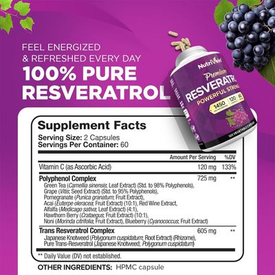 Nutrivein Premium Resveratrol 1450mg - 120 Caps: Pure Resveratrol Supplement Enhanced with Green Tea Leaf Acai Berry - Aging, Defenses, Brain, and Joint Support